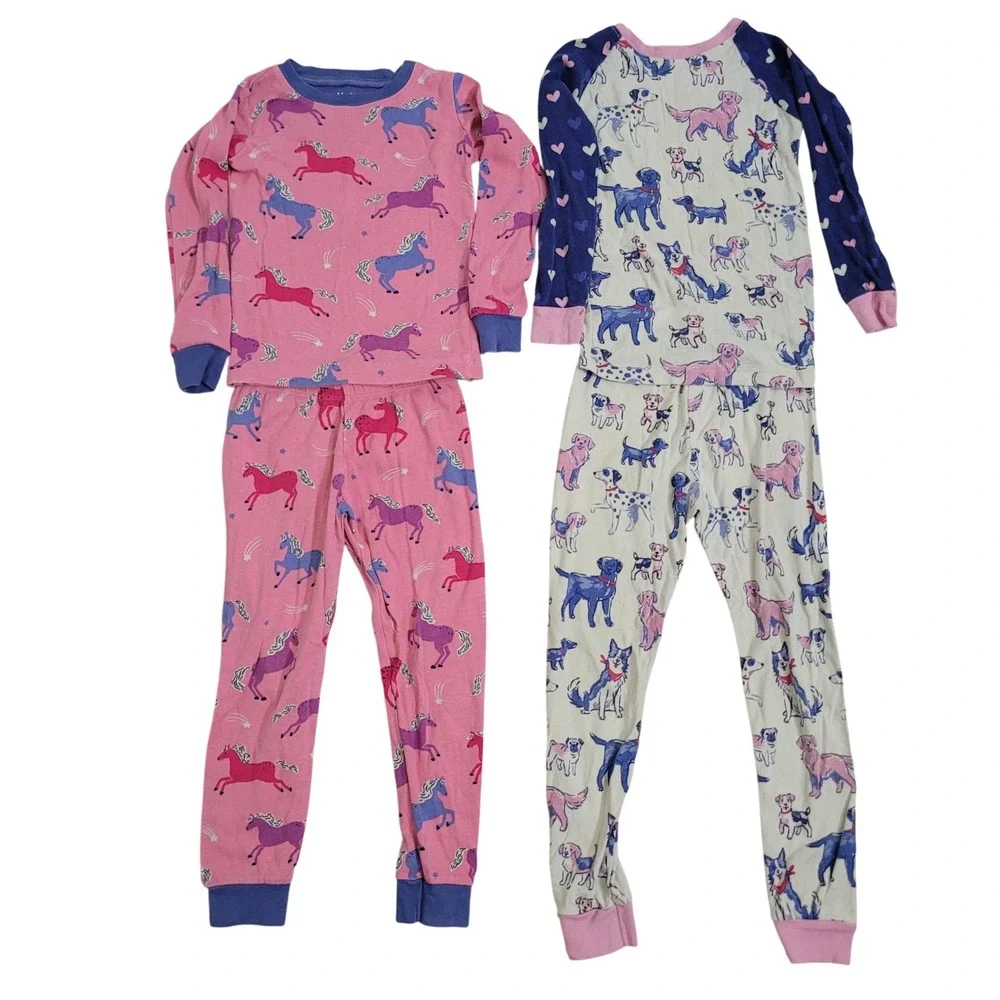 Hatley Size 6 Pajama Set Bundle Girls Pink Unicorn Blue Dog Organic Cotton 2pk